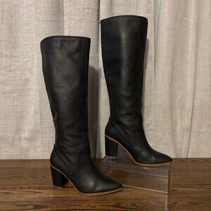 1.STATE Women’s 7M Black Leather Knee High Boots Block Heel Pointed Toe Tall